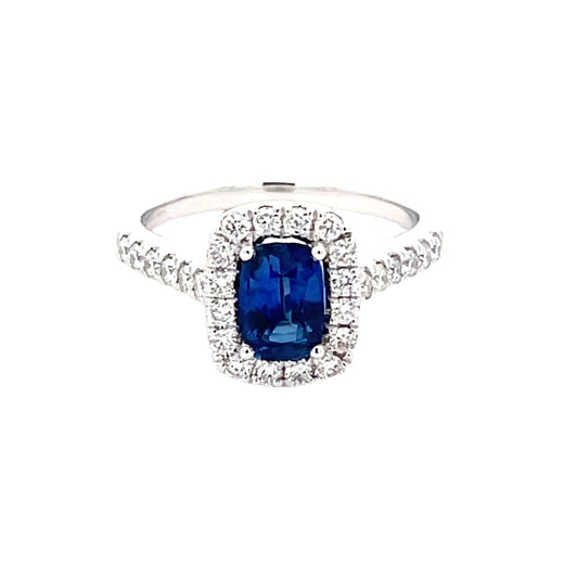 Cushion Shaped Sapphire and diamond halo cluster ring  Gardiner Brothers   