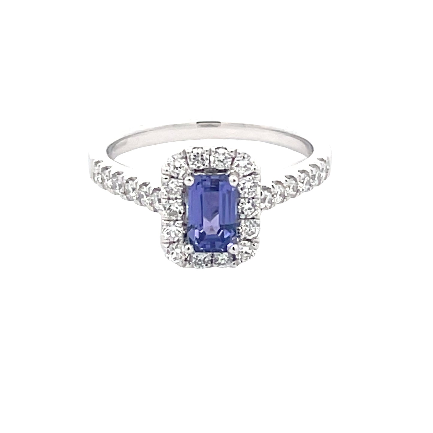 Octagonal Tanzanite and Diamond Halo Cluster Style Ring  Gardiner Brothers   
