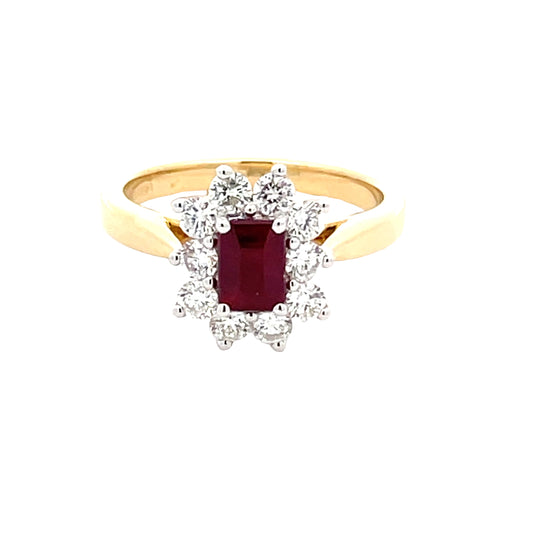 Octagonal Shaped Ruby and Round Brilliant Cut Diamond Cluster Ring