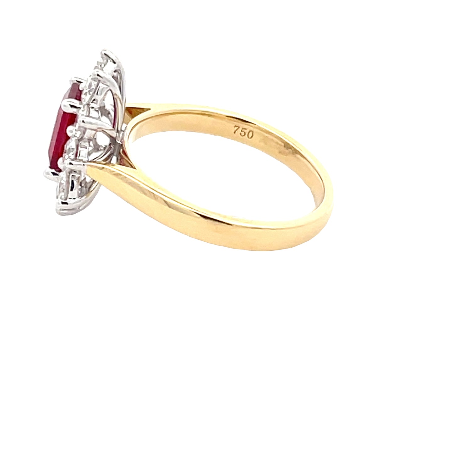 Octagonal shaped ruby and round brilliant cut diamond cluster style ring  Gardiner Brothers   