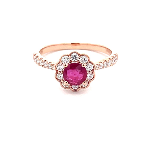 Ruby and diamond, rose gold vintage style cluster ring