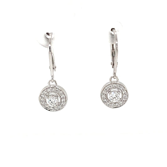 White Gold Round Brilliant Cut Diamond Drop Halo Cluster Style Earrings