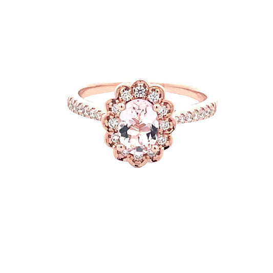 Oval Shaped Morganite and round brilliant cut diamond halo style ring