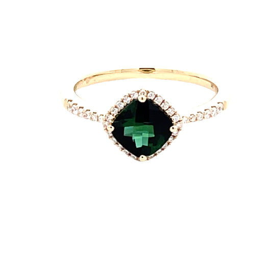 Green Tourmaline and round brilliant cut diamond halo cluster ring