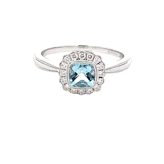 Aquamarine and round brilliant cut diamond vintage style dress ring