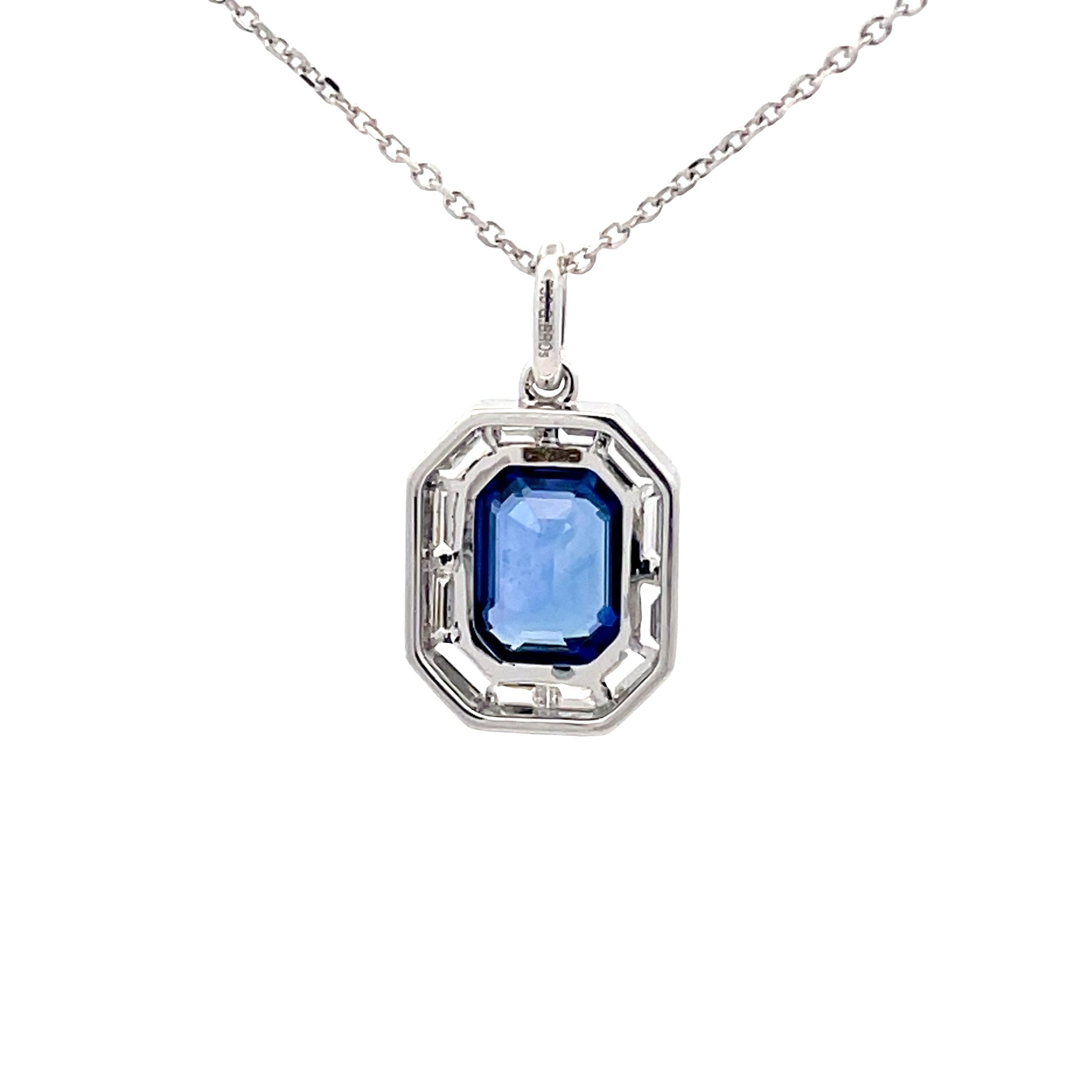 Octagonal Sapphire with Baguette Cut Diamonds Halo Pendant  Gardiner Brothers   