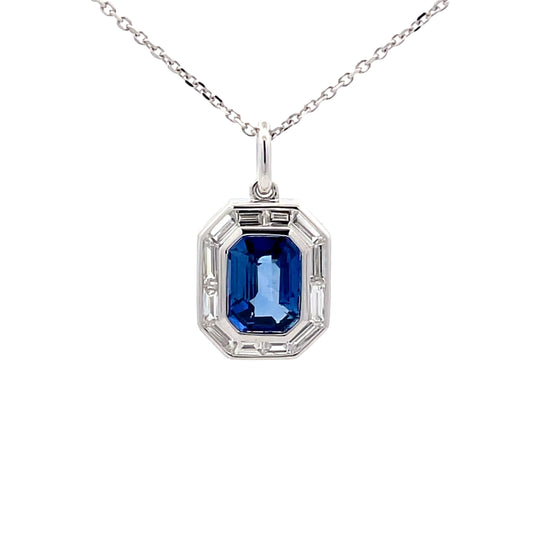 Octagonal Sapphire with Baguette Cut Diamonds Halo Pendant