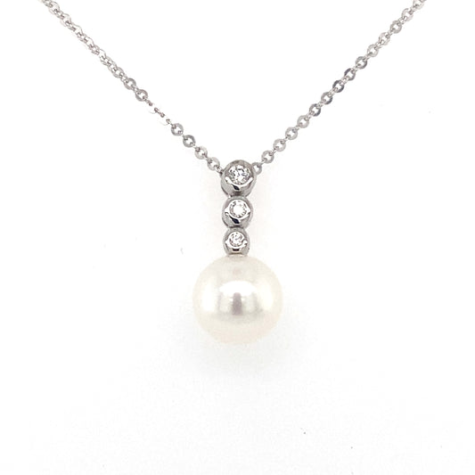 White Gold Pearl and Diamond Drop Pendant  Gardiner Brothers   
