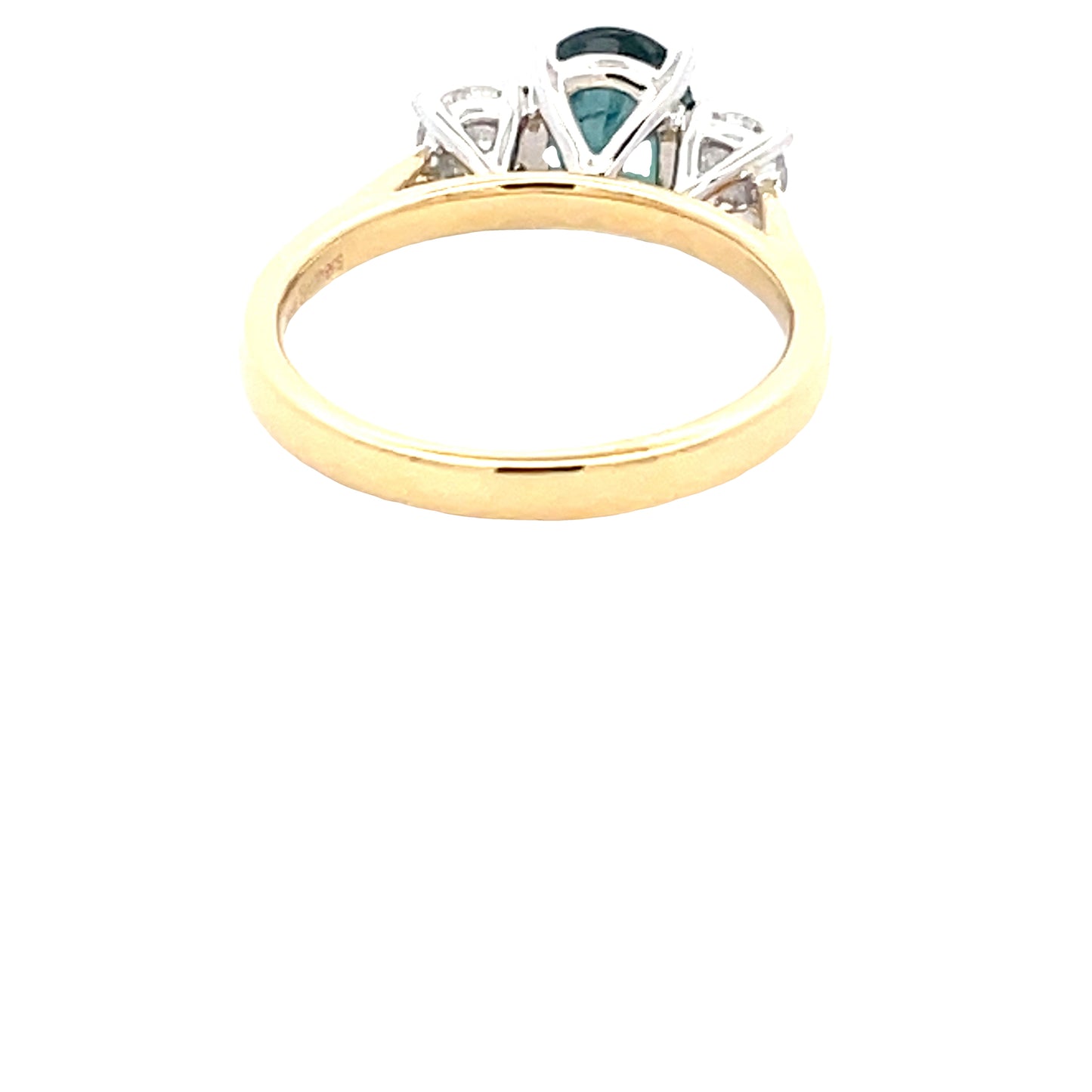 Oval Shaped Teal Sapphire and Round Brilliant Cut Diamond 3 Stone Ring  Gardiner Brothers   