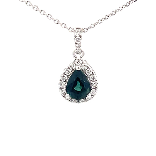 Pear Shaped Teal Sapphire Halo Style Pendant