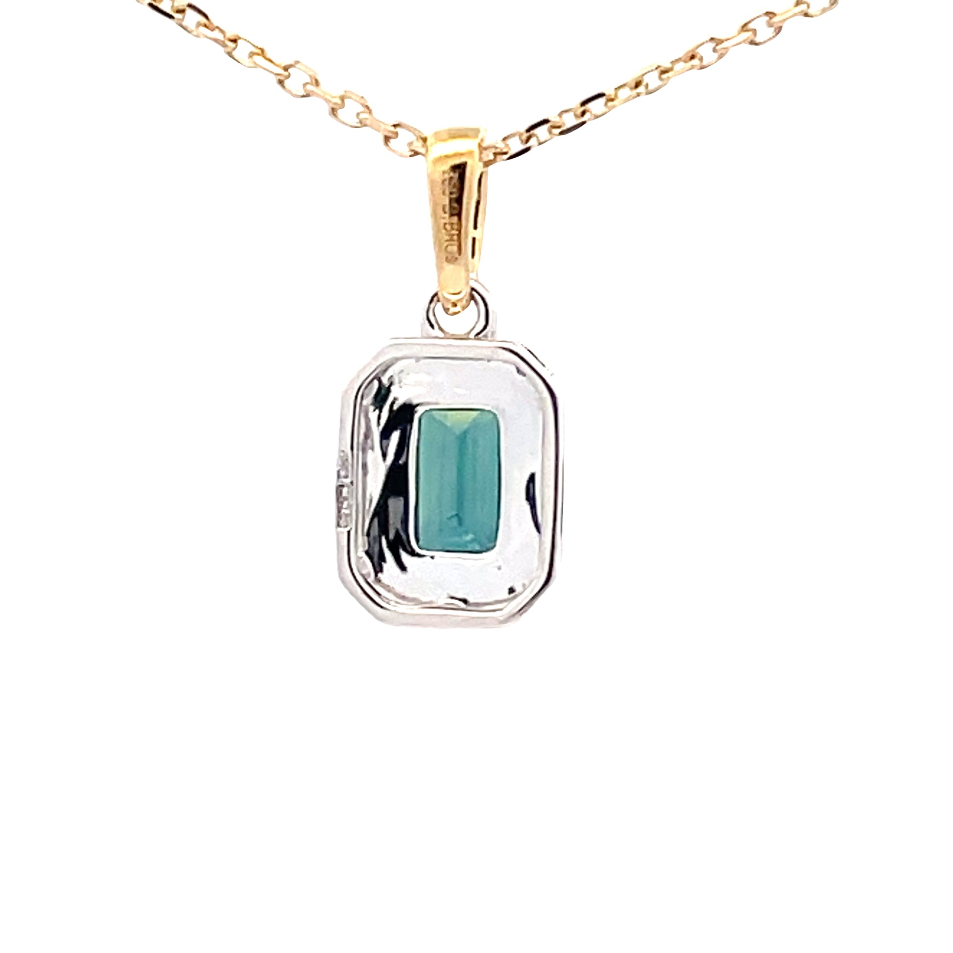 Octagonal Teal sapphire and round brilliant cut diamond halo style pendant  Gardiner Brothers   