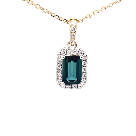 Octagonal Teal sapphire and round brilliant cut diamond halo style pendant
