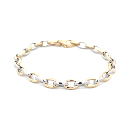Yellow and white gold solid oval link bracelet
