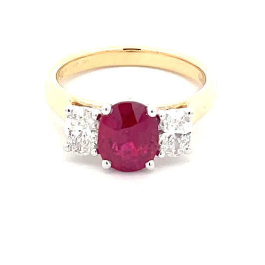 Oval Shaped Burmese Ruby and Oval Diamond 3 Stone Ring