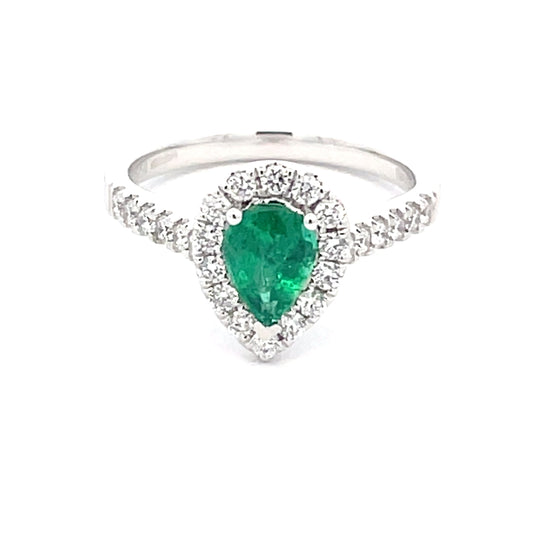 Pear Shaped emerald and round brilliant cut diamond halo cluster ring  Gardiner Brothers   