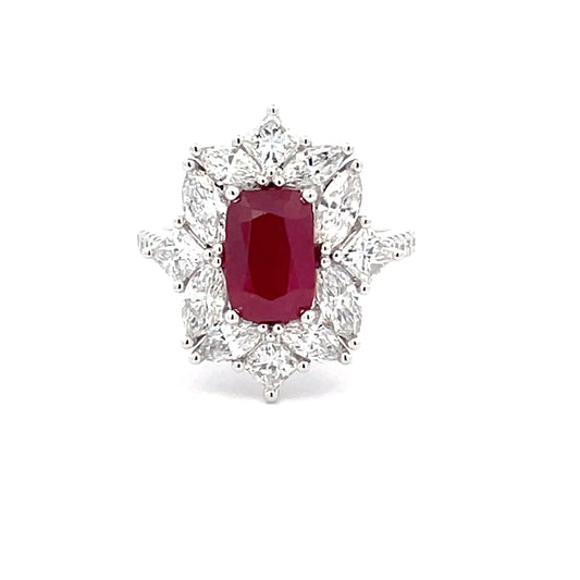 Cushion shaped ruby and diamond cluster style ring  Gardiner Brothers   