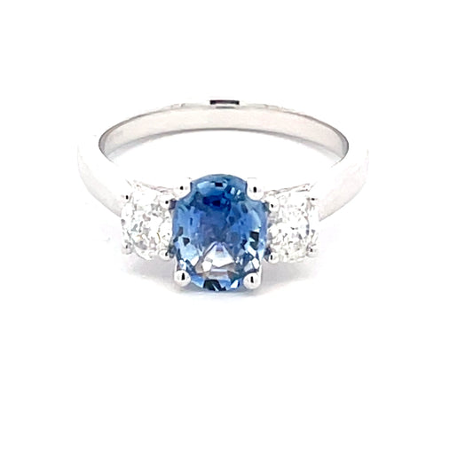 Oval Shaped Ceylon Sapphire and oval diamond 3 stone ring