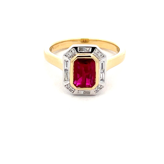 Octagonal Ruby with brilliant cut baguette cut diamond cluster ring  Gardiner Brothers   