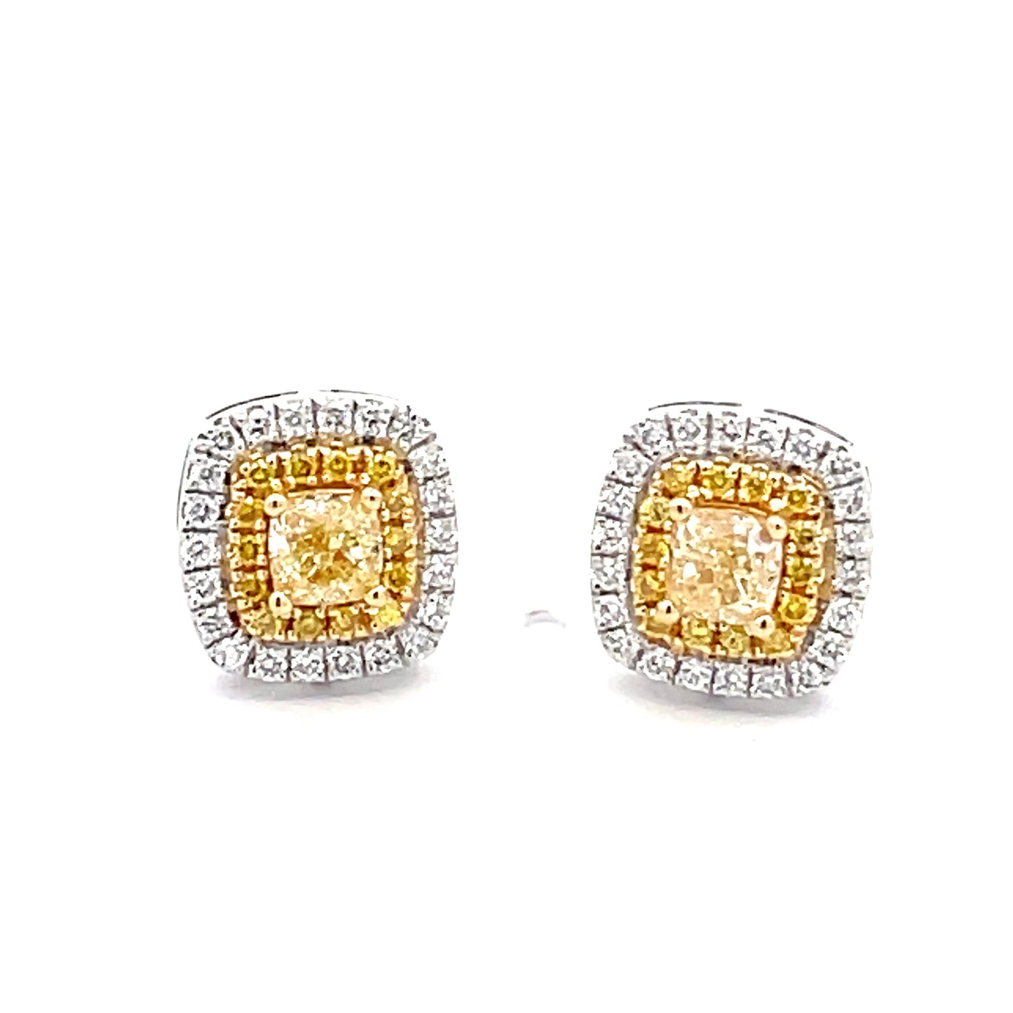 Yellow Cushion shaped diamond halo style earrings  Gardiner Brothers   