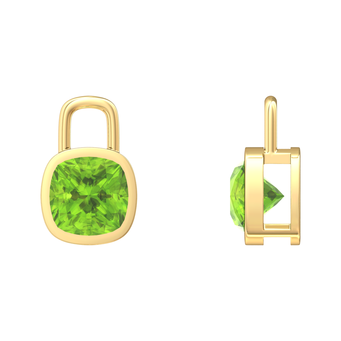 Nova earring attachments in a plain bezel setting with cushion shaped Peridot Gardiner Brothers