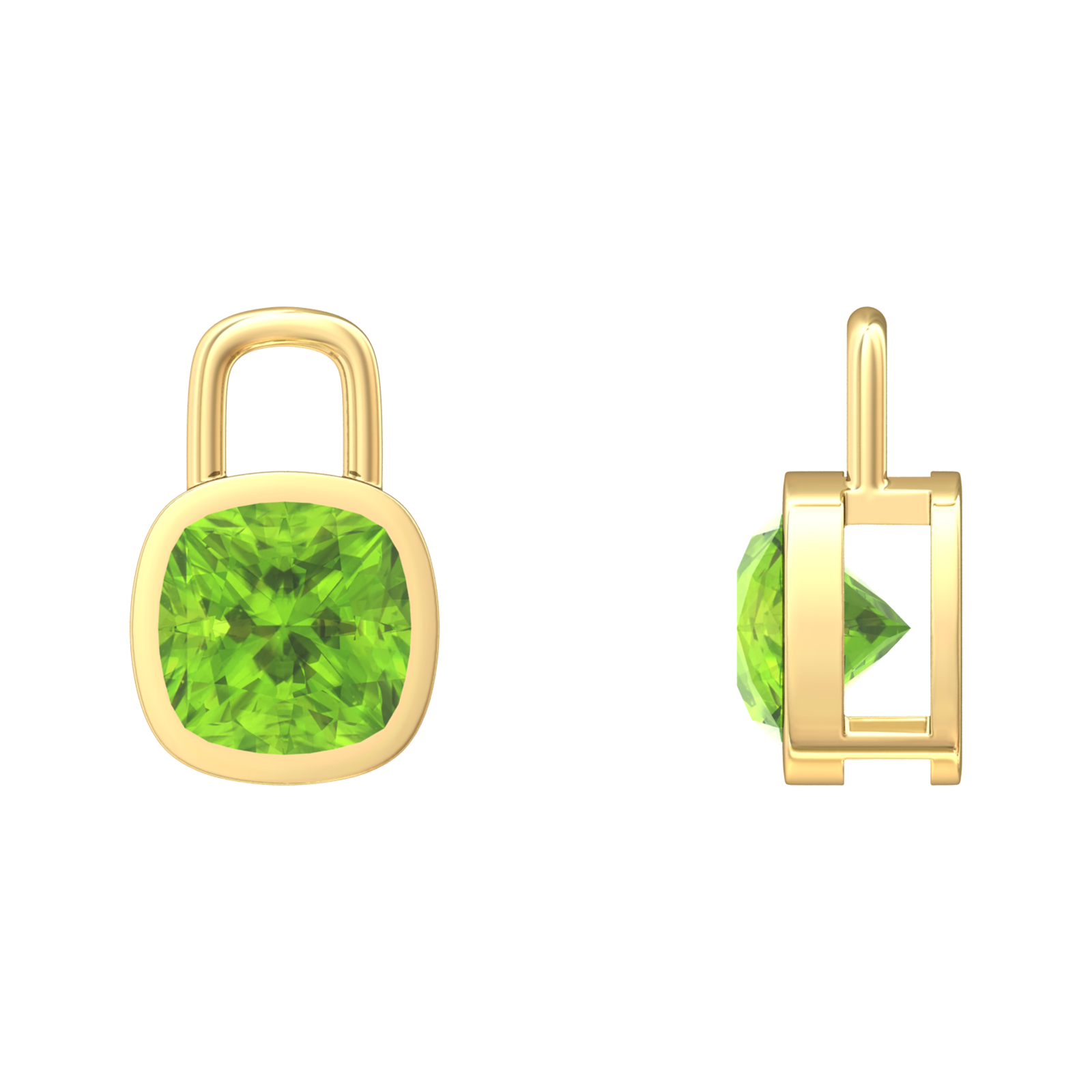 Nova earring attachments in a plain bezel setting with cushion shaped Peridot Gardiner Brothers
