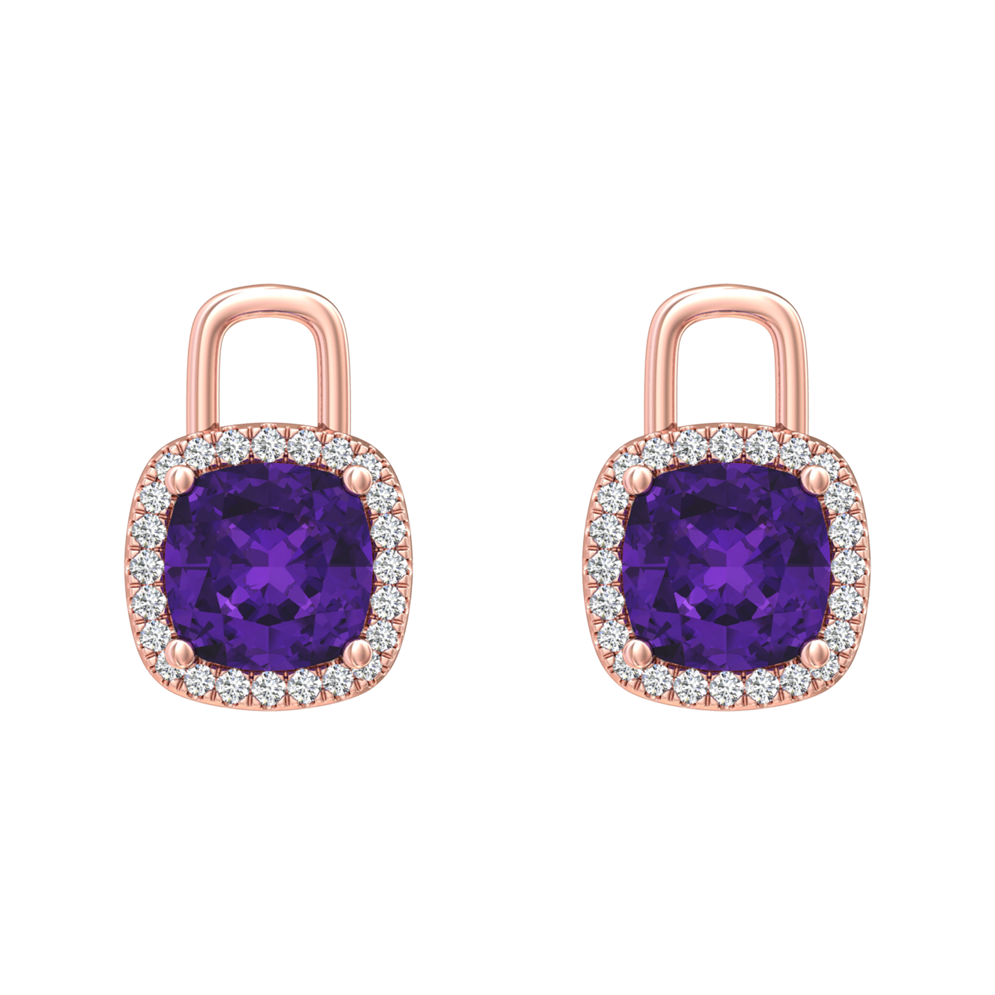 Nova diamond set earrings attachments set with a cushion shaped Amethyst Gardiner Brothers Rose gold