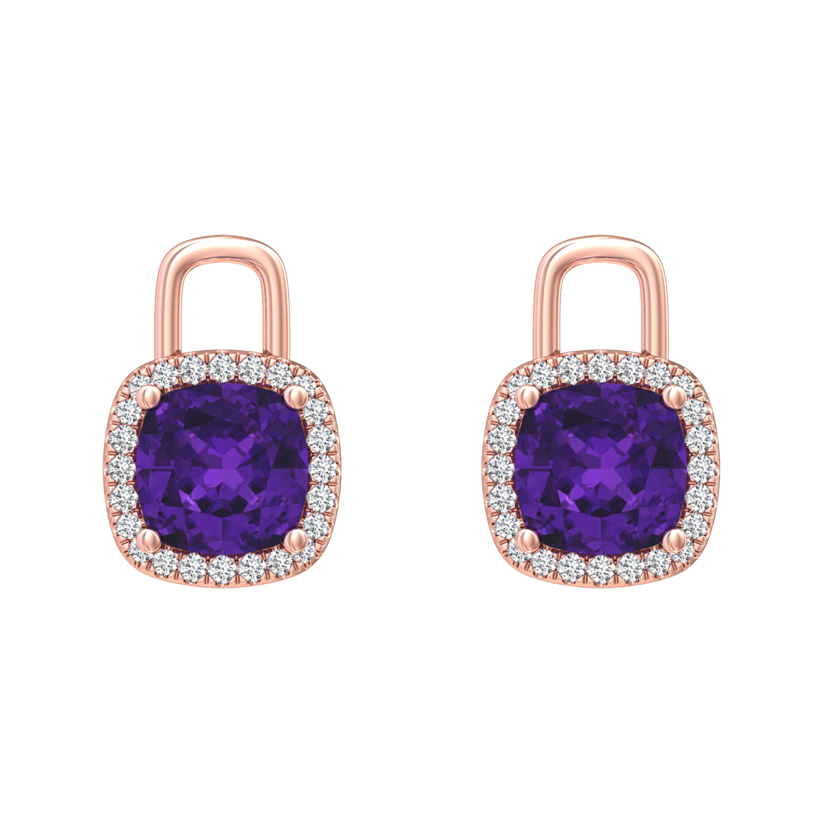 Nova diamond set earrings attachments set with a cushion shaped Amethyst Gardiner Brothers Rose gold