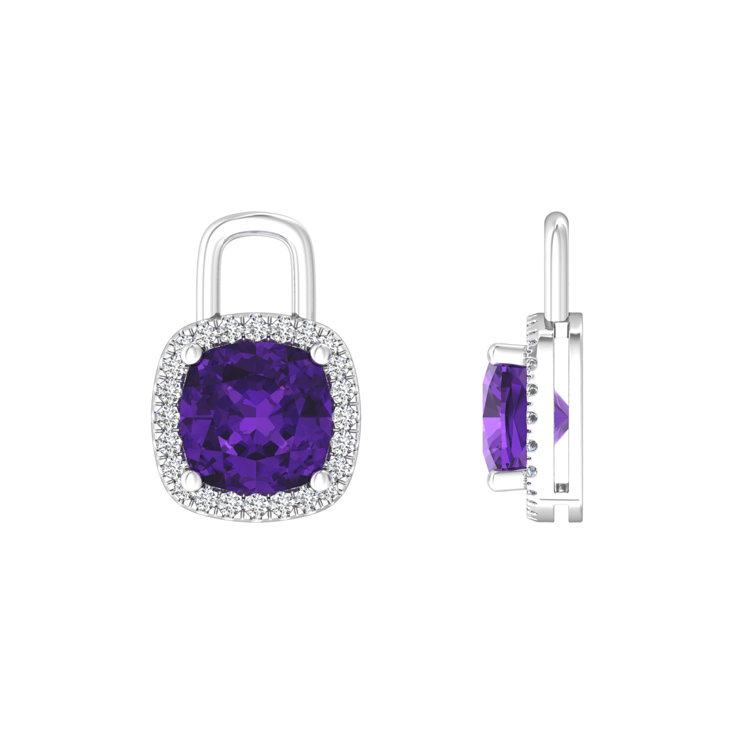 Nova diamond set earrings attachments set with a cushion shaped Amethyst Gardiner Brothers