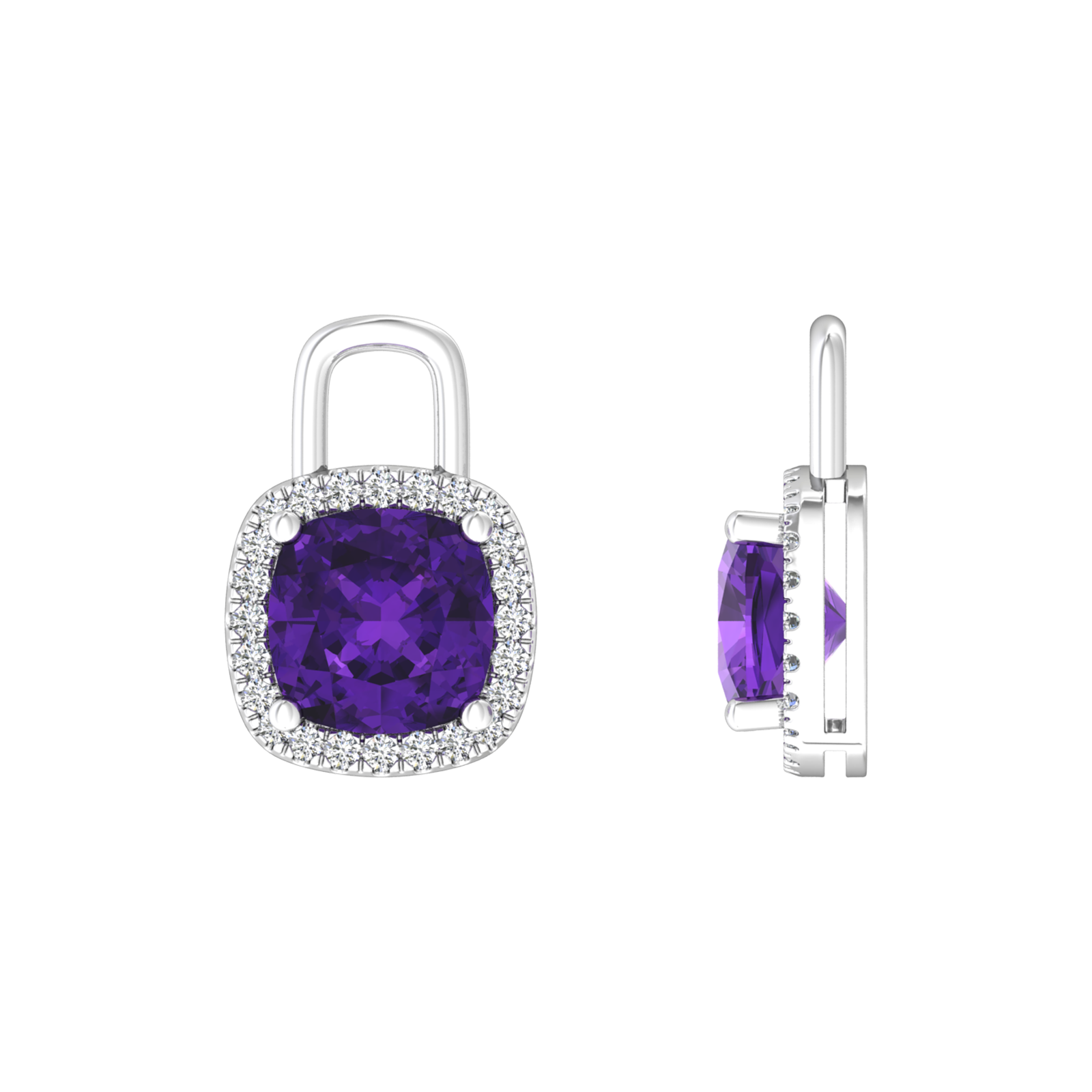 Nova diamond set earrings attachments set with a cushion shaped Amethyst Gardiner Brothers