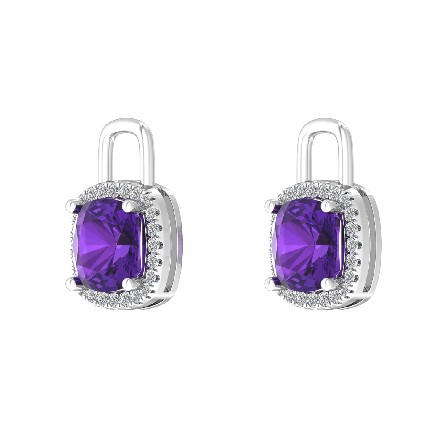 Nova diamond set earrings attachments set with a cushion shaped Amethyst Gardiner Brothers