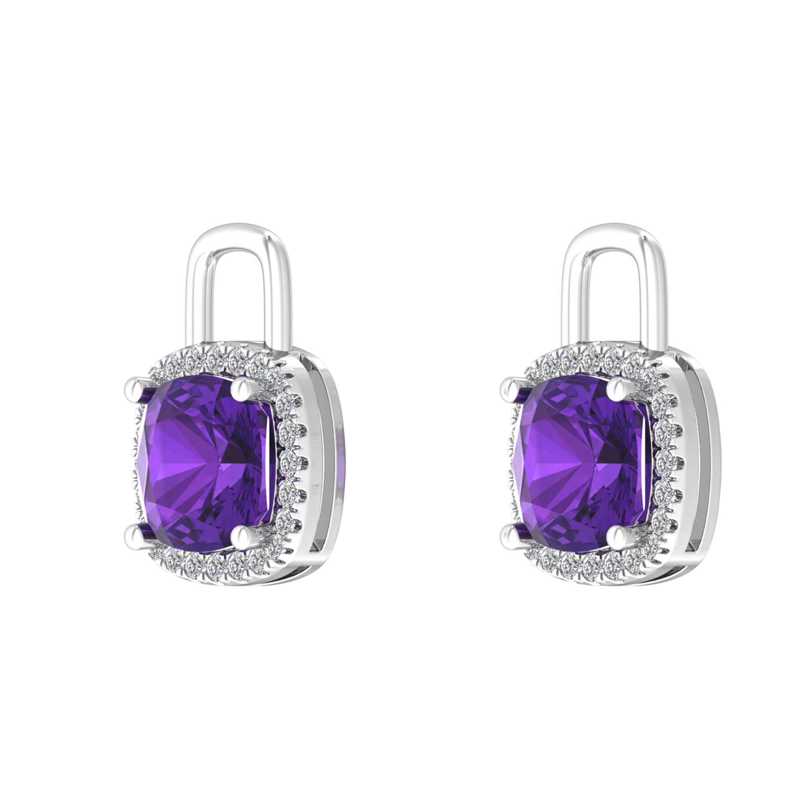 Nova diamond set earrings attachments set with a cushion shaped Amethyst Gardiner Brothers