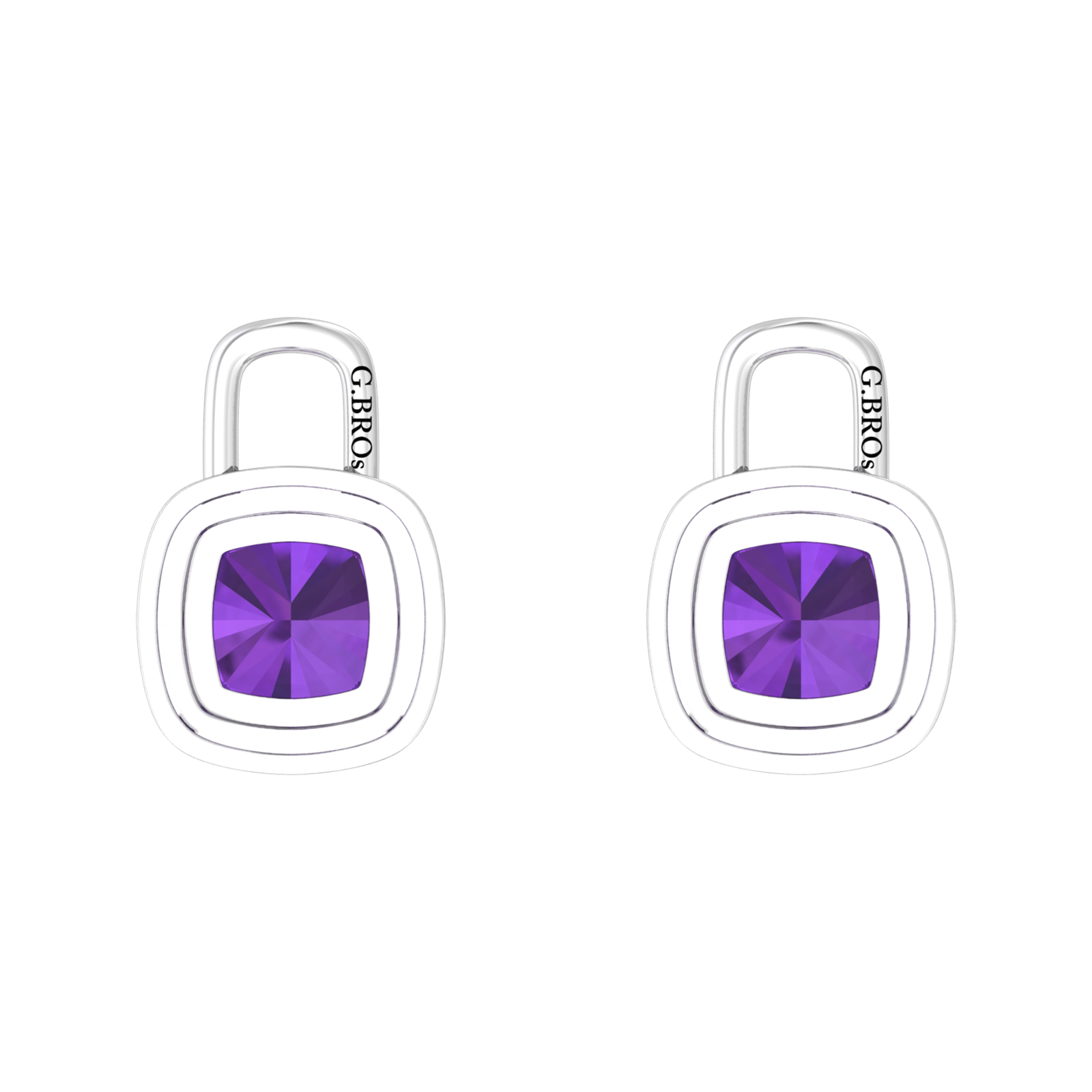 Nova diamond set earrings attachments set with a cushion shaped Amethyst Gardiner Brothers