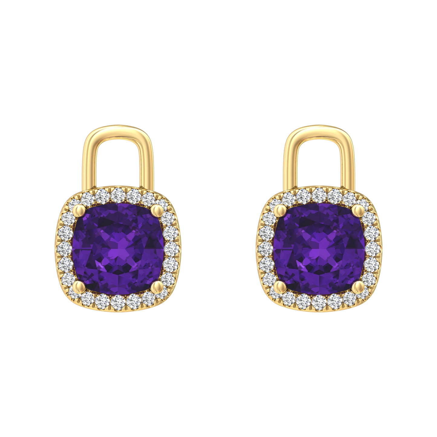 Nova diamond set earrings attachments set with a cushion shaped Amethyst Gardiner Brothers Yellow Gold