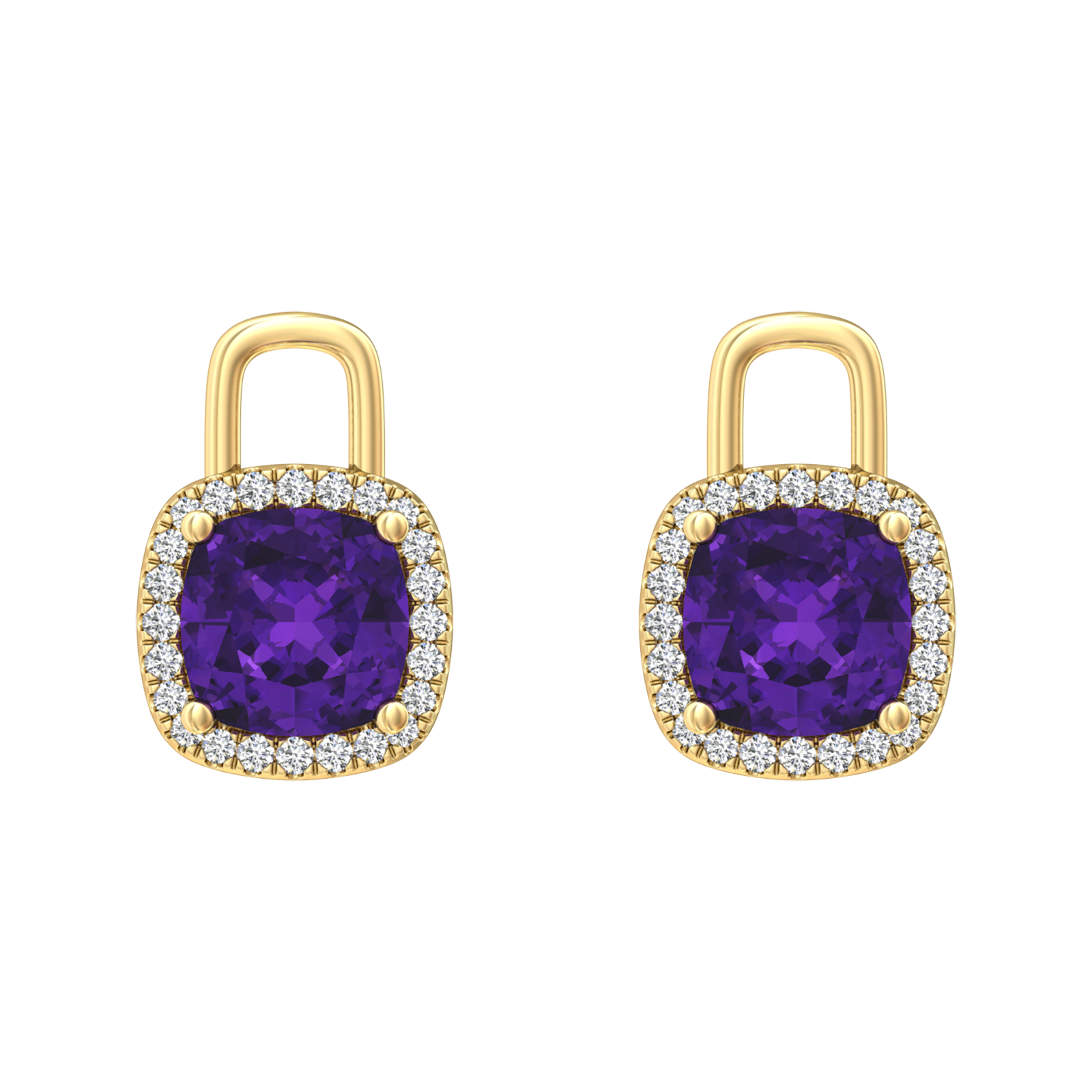 Nova diamond set earrings attachments set with a cushion shaped Amethyst Gardiner Brothers Yellow Gold