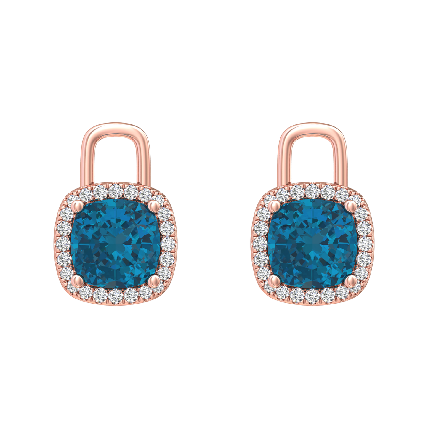 Nova diamond set earrings attachments set with a cushion shaped London Blue Topaz Gardiner Brothers Rose Gold