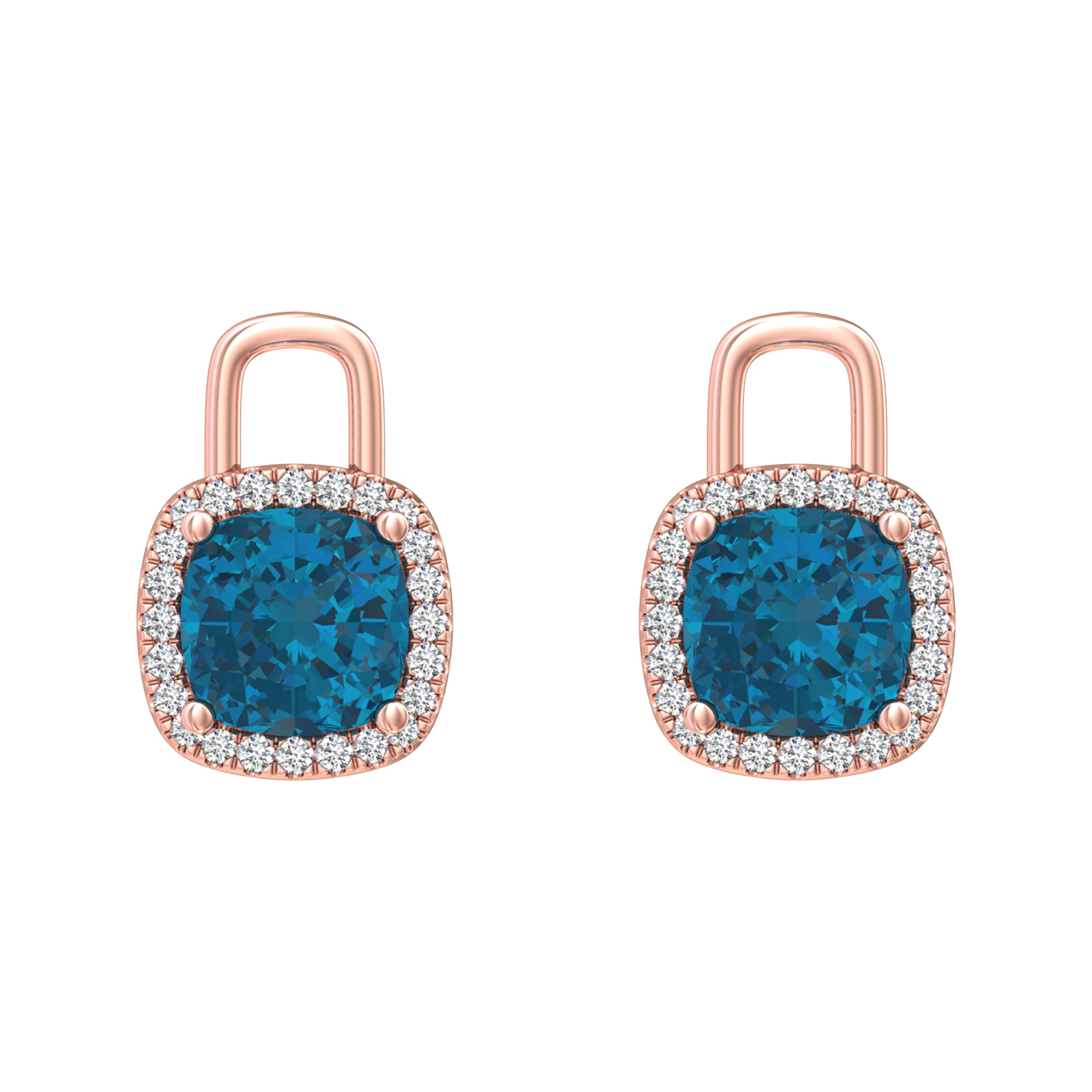Nova diamond set earrings attachments set with a cushion shaped London Blue Topaz Gardiner Brothers Rose Gold