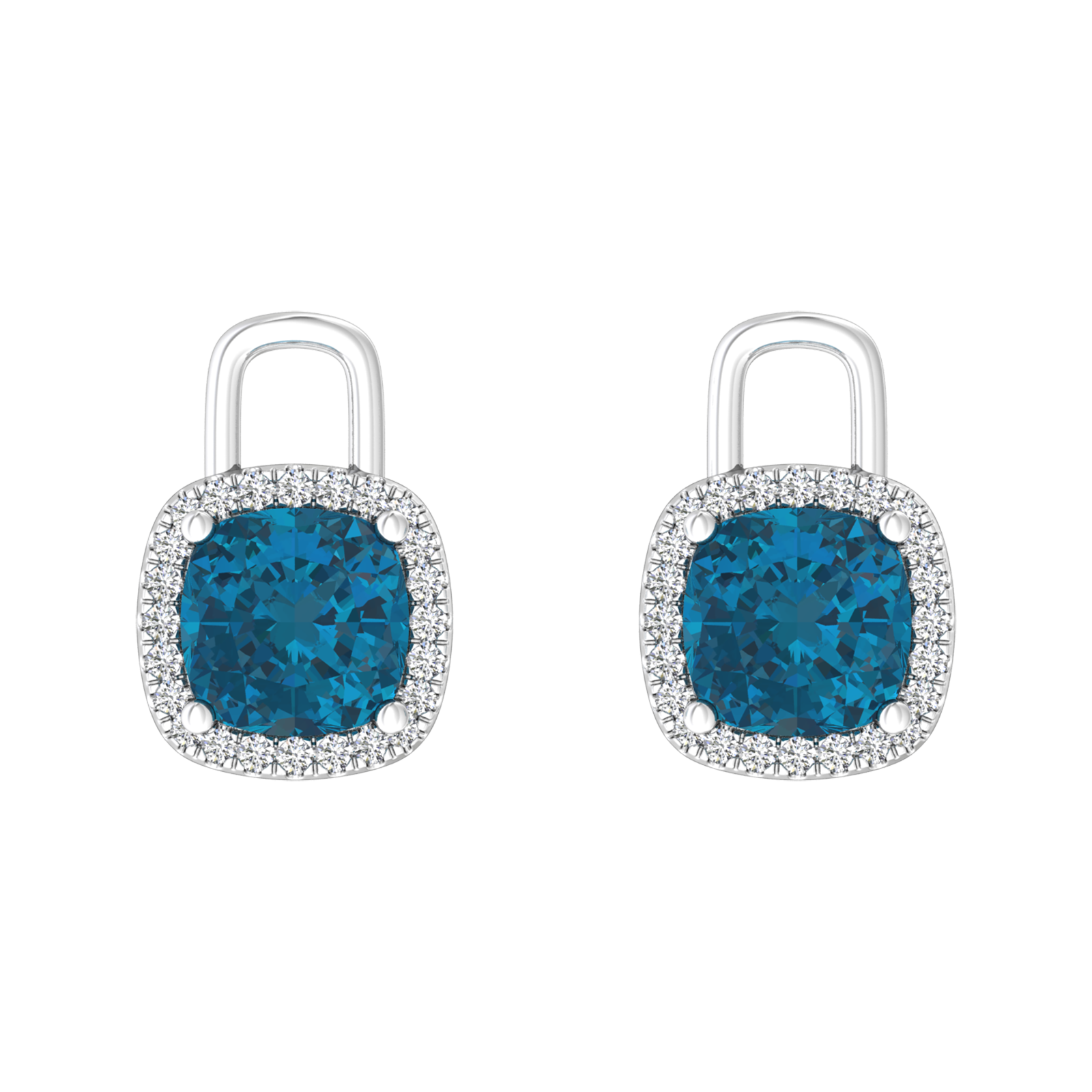 Nova diamond set earrings attachments set with a cushion shaped London Blue Topaz Gardiner Brothers White Gold