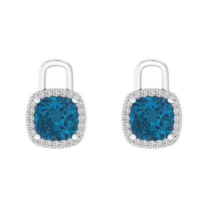 Nova diamond set earrings attachments set with a cushion shaped London Blue Topaz Gardiner Brothers White Gold