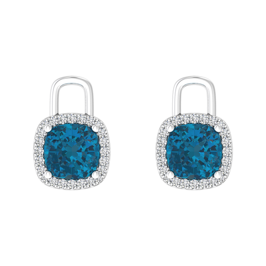Nova diamond set earrings attachments set with a cushion shaped London Blue Topaz Gardiner Brothers White Gold