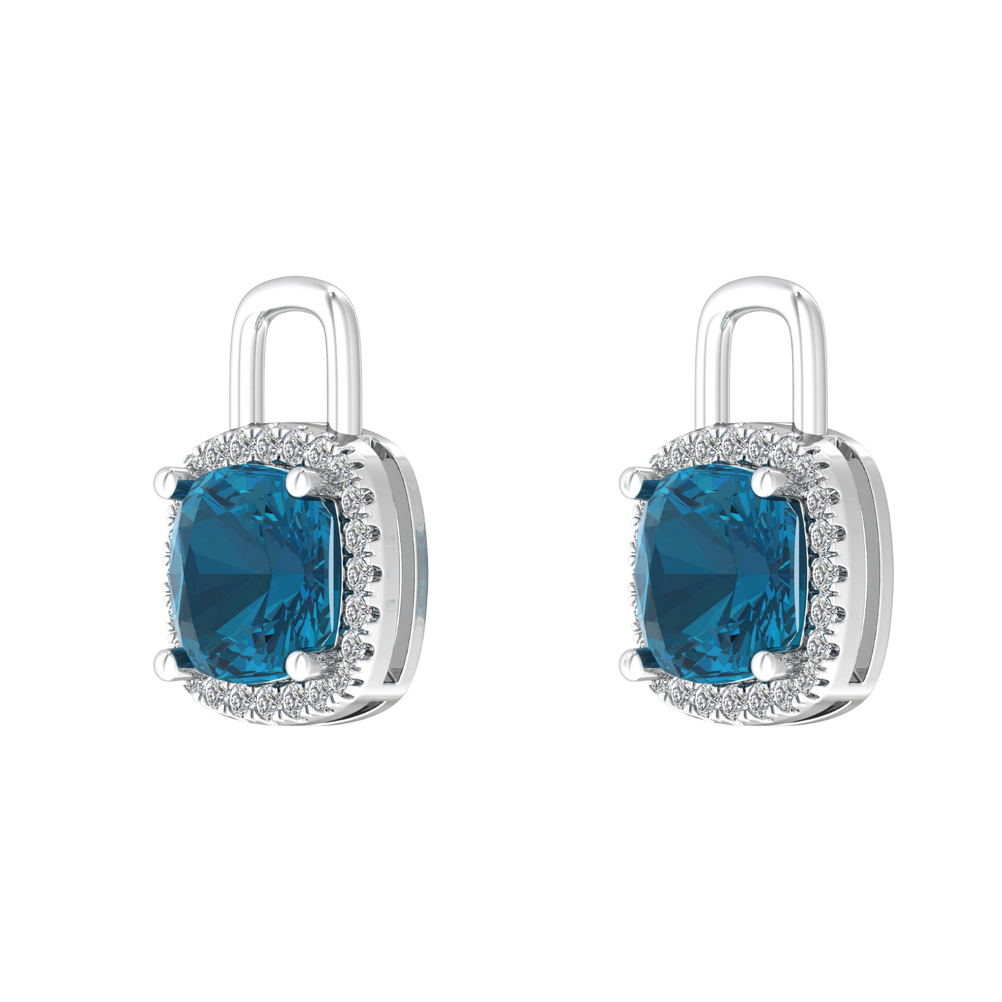 Nova diamond set earrings attachments set with a cushion shaped London Blue Topaz Gardiner Brothers