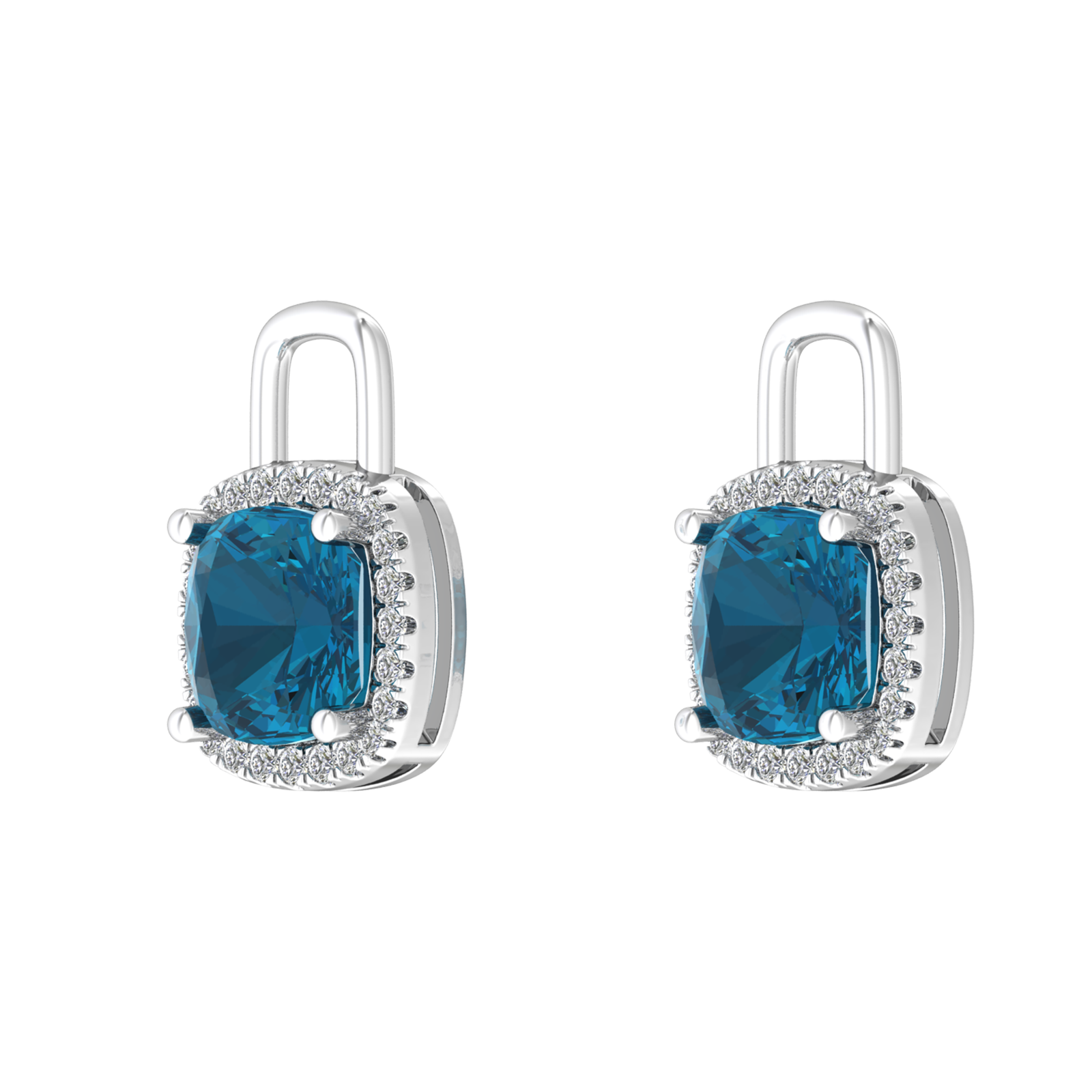 Nova diamond set earrings attachments set with a cushion shaped London Blue Topaz Gardiner Brothers