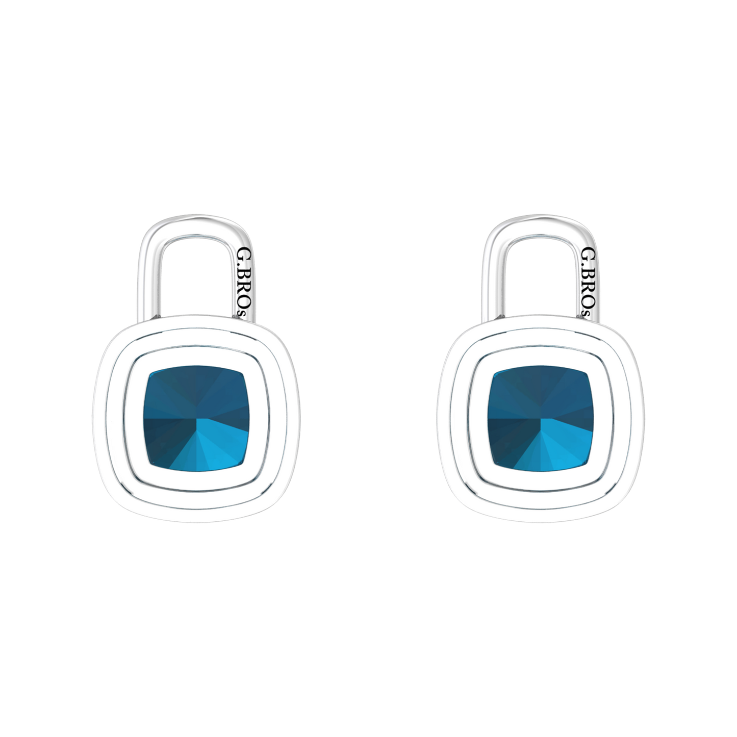 Nova diamond set earrings attachments set with a cushion shaped London Blue Topaz Gardiner Brothers