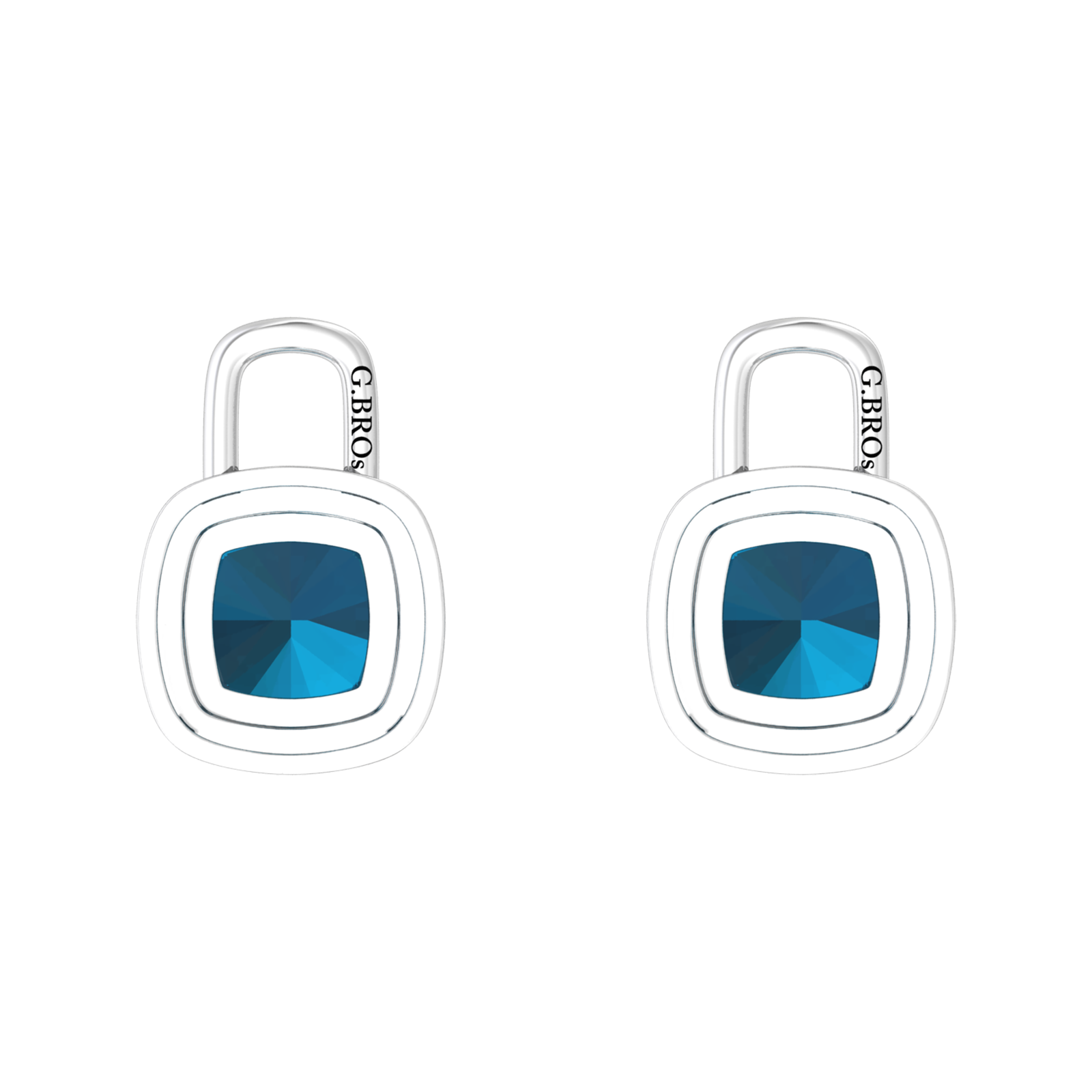 Nova diamond set earrings attachments set with a cushion shaped London Blue Topaz Gardiner Brothers