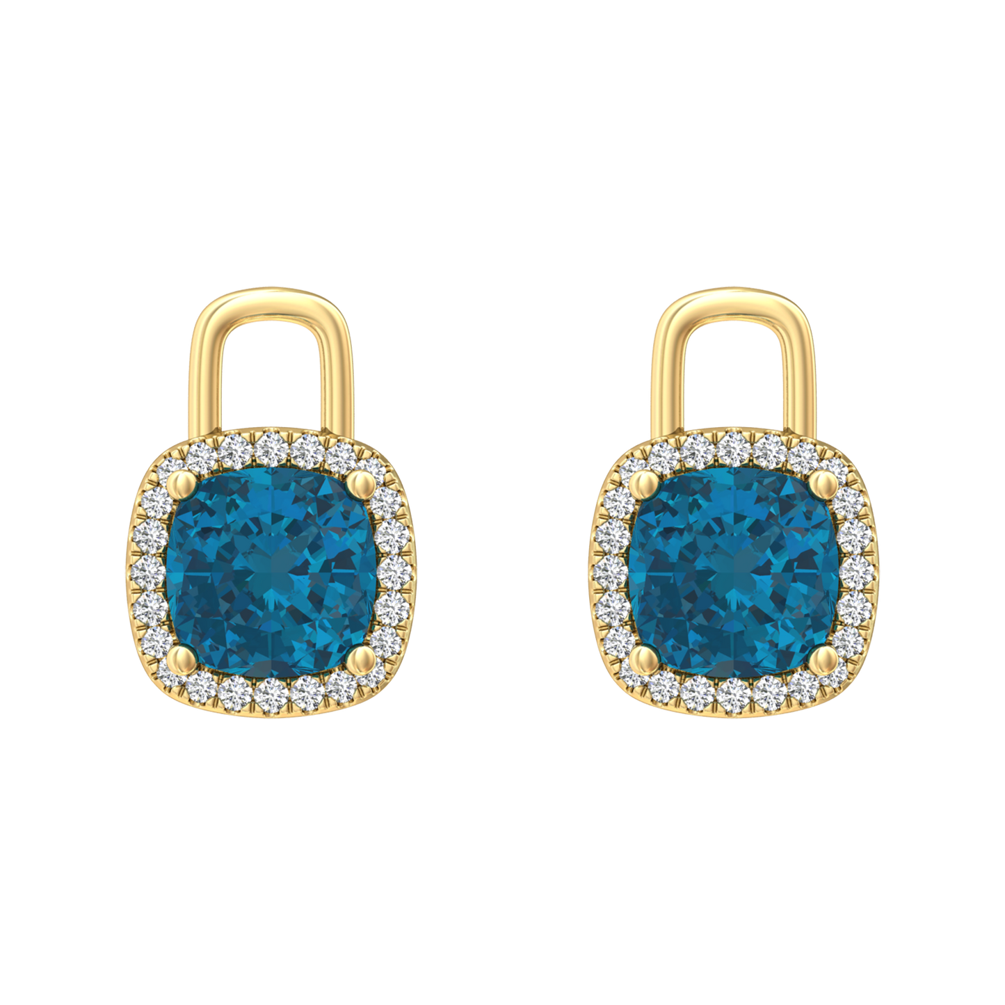 Nova diamond set earrings attachments set with a cushion shaped London Blue Topaz Gardiner Brothers Yellow Gold