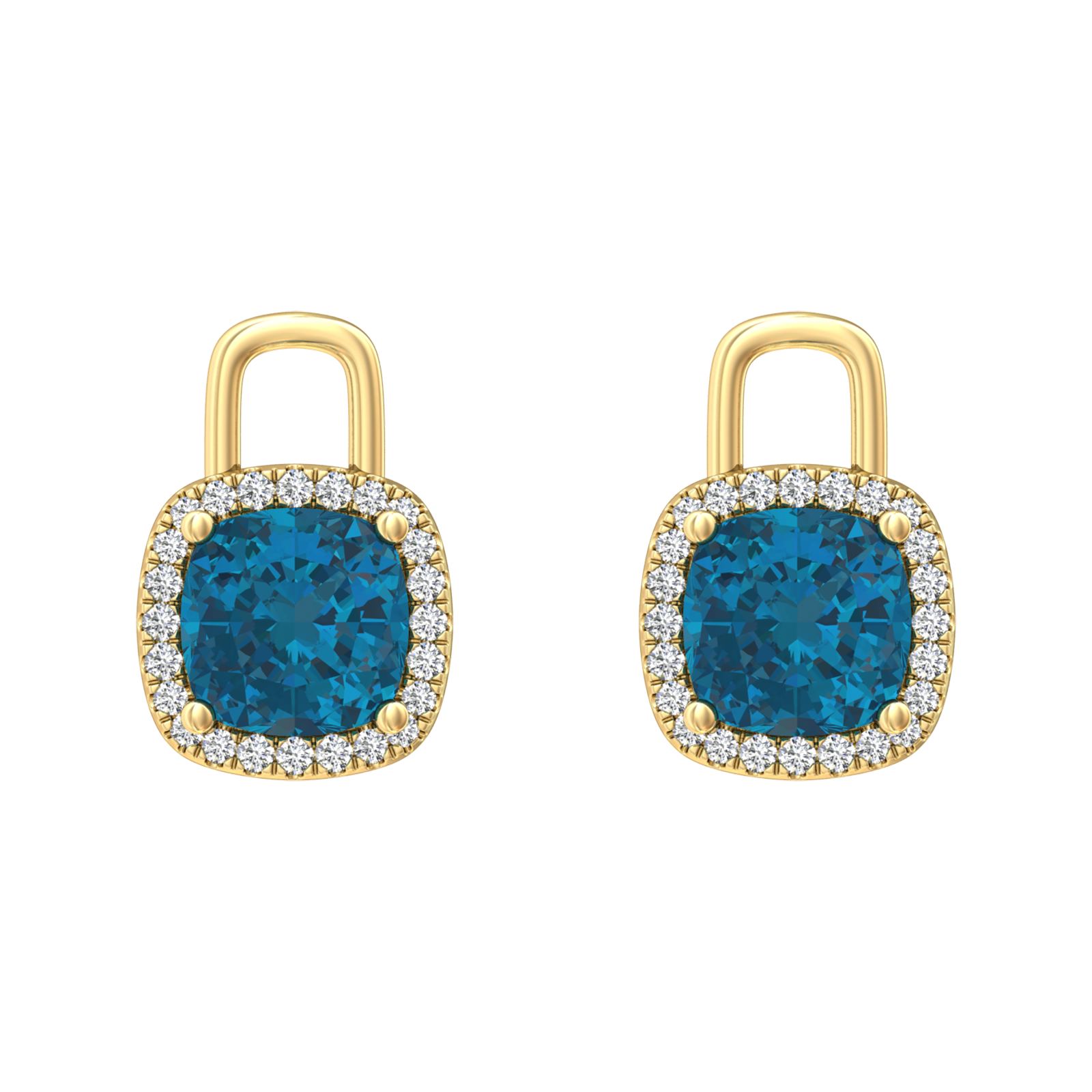 Nova diamond set earrings attachments set with a cushion shaped London Blue Topaz Gardiner Brothers Yellow Gold