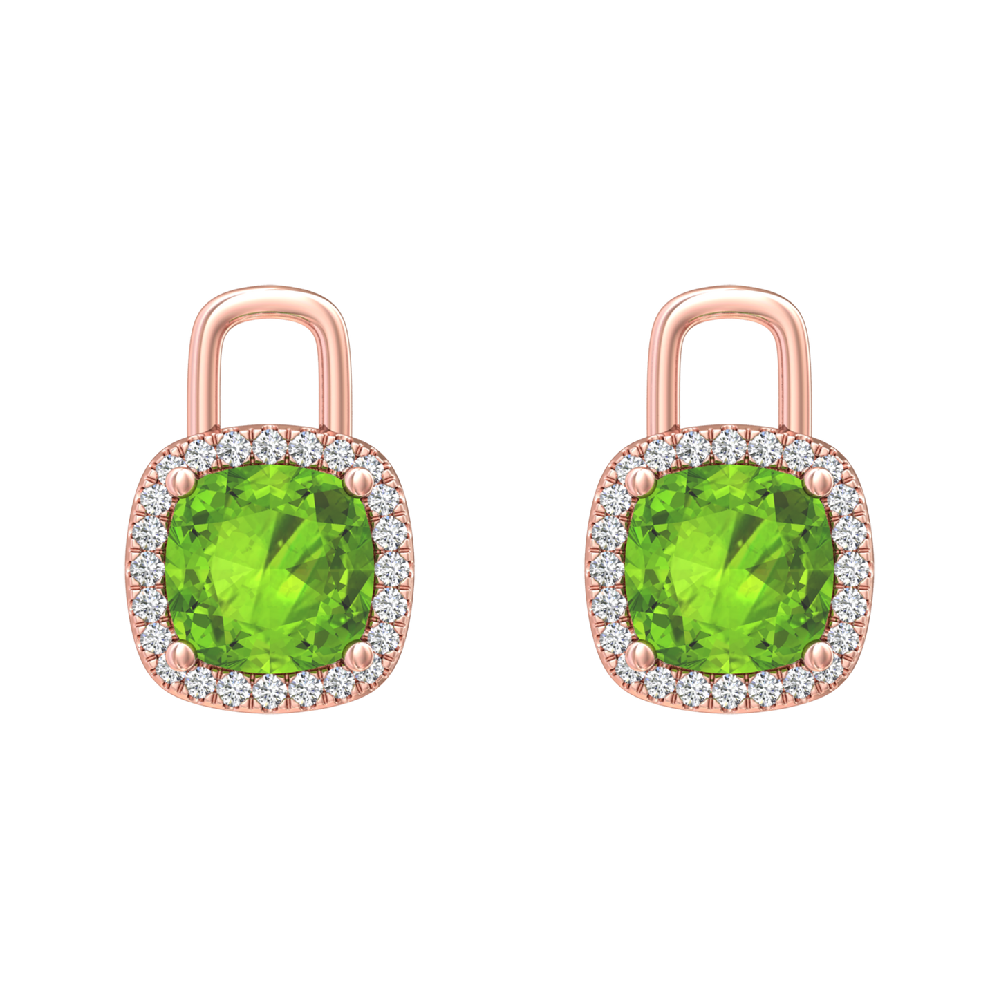 Nova diamond set earrings attachments set with a cushion shaped Peridot Gardiner Brothers Rose Gold