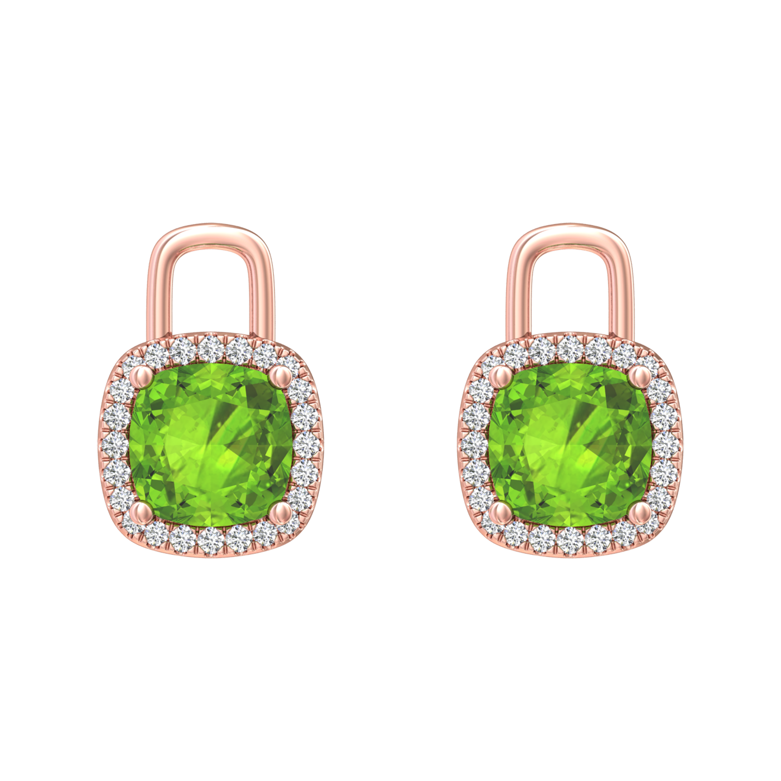 Nova diamond set earrings attachments set with a cushion shaped Peridot Gardiner Brothers Rose Gold
