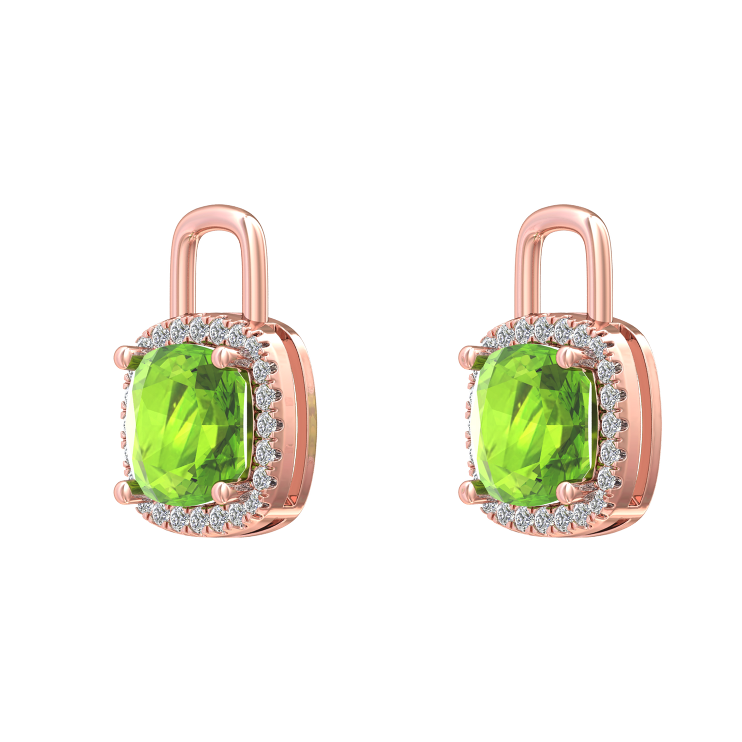 Nova diamond set earrings attachments set with a cushion shaped Peridot Gardiner Brothers