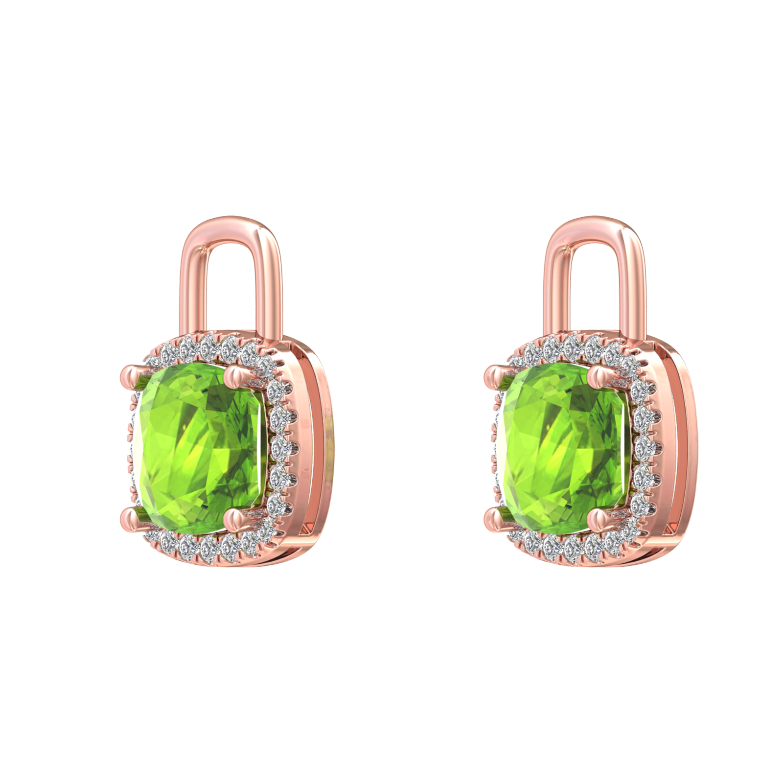 Nova diamond set earrings attachments set with a cushion shaped Peridot Gardiner Brothers