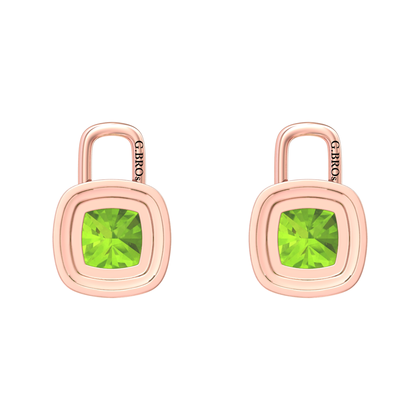 Nova diamond set earrings attachments set with a cushion shaped Peridot Gardiner Brothers